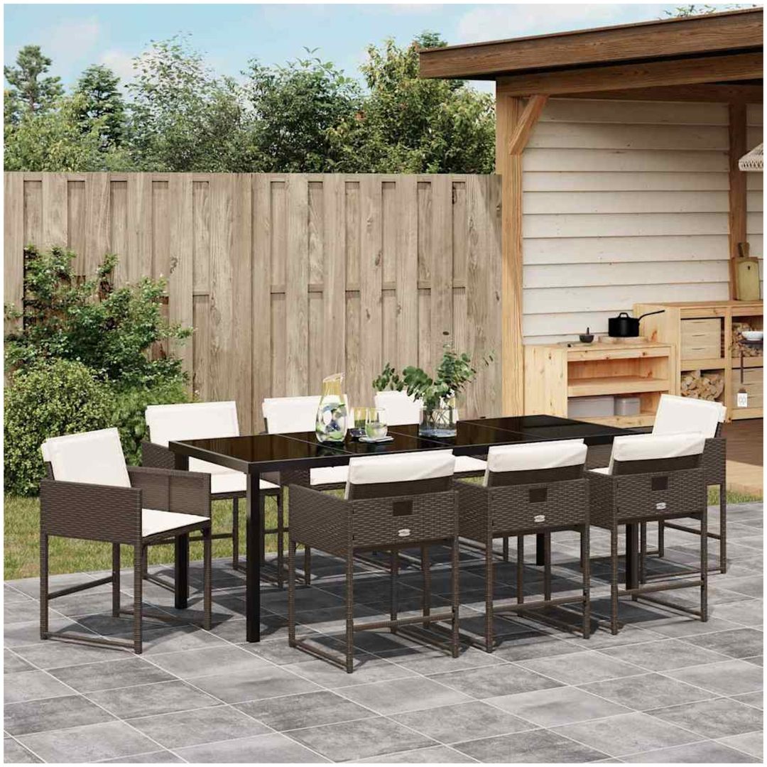 9-delars trädgårdsmöbelset med kuddar, brunt poly-rattan. vidaXL 200 x 80 x 73 cm – bild 4