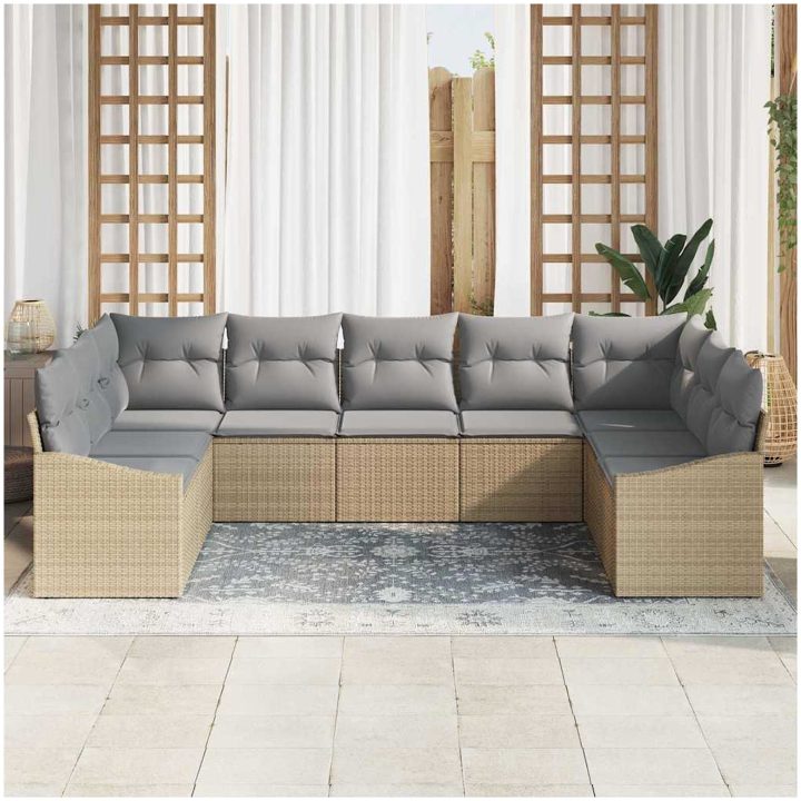 9-delars trädgårdsmöbelset med kuddar i beige poly rattan vidaXL 289 x 178.5 x 85 cm – bild 3