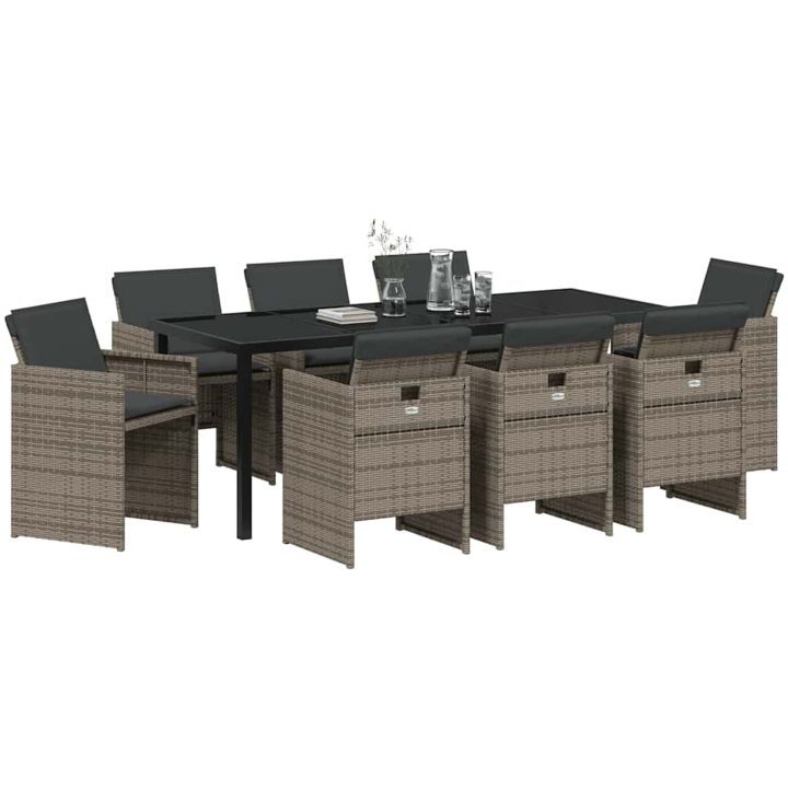 9-delars trädgårdsmöbelset med kuddar i grå polyrotting vidaXL 200 x 80 x 73 cm – bild 3