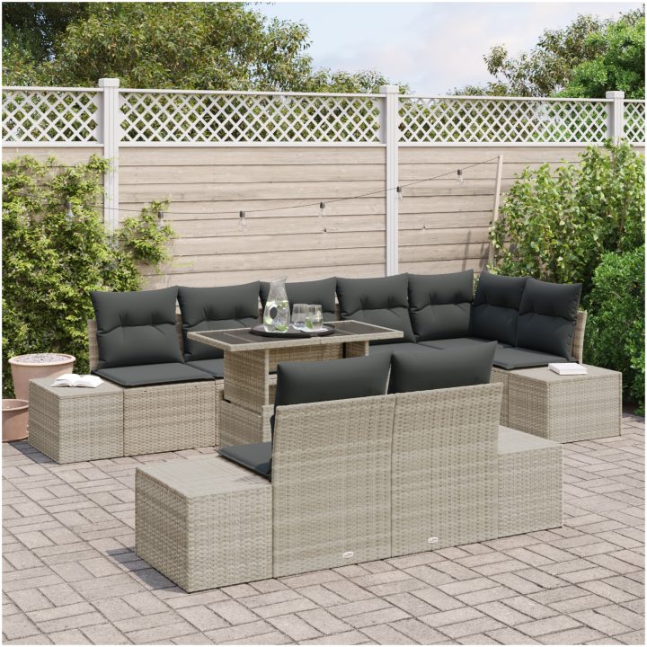 9-delars trädgårdsmöbelset med kuddar i ljusgrå poly-rattan vidaXL 100 x 55 x 73 cm – bild 3