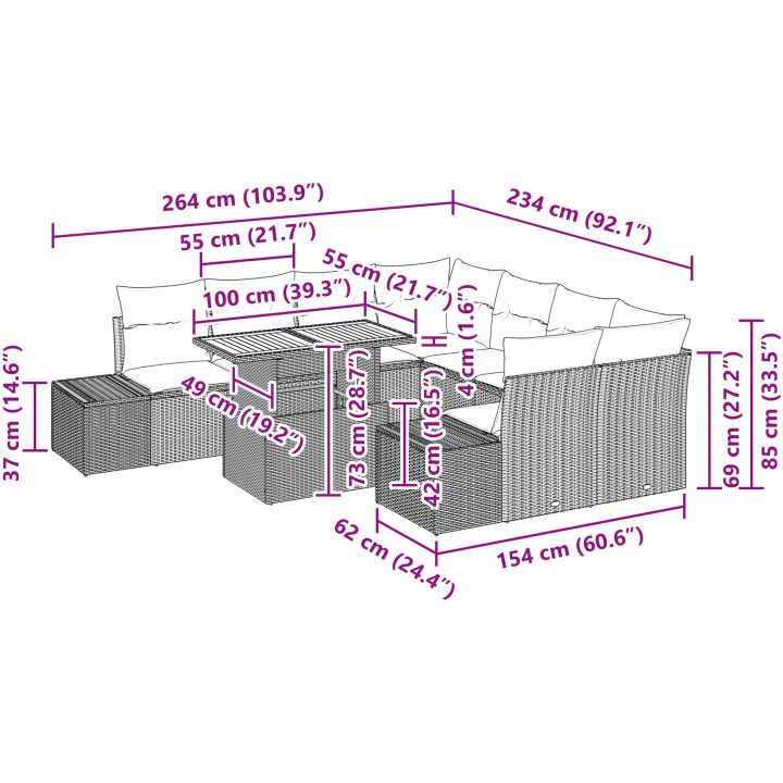 9-delars trädgårdsmöbelset med kuddar i svart poly-rattan och akacia vidaXL 100 x 55 x 73 cm – bild 11