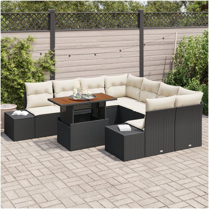 9-delars trädgårdsmöbelset med kuddar i svart poly-rattan och akacia vidaXL 100 x 55 x 73 cm – bild 3