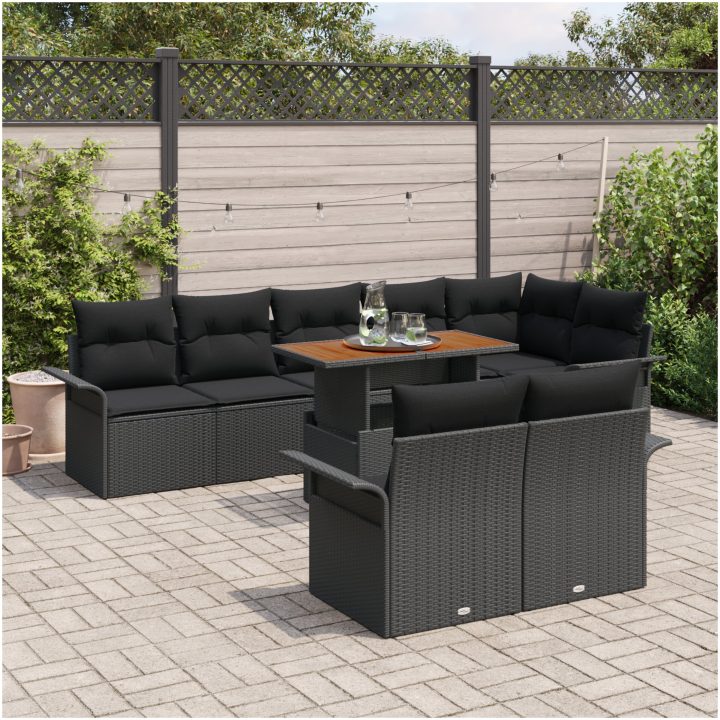 9-delars trädgårdsmöbelset med kuddar i svart poly rattan och akacia vidaXL 100 x 55 x 73 cm – bild 3