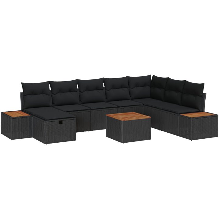 9-delars trädgårdsmöbelset med kuddar i svart poly-rattan vidaXL 55 x 55 x 37 cm – bild 2