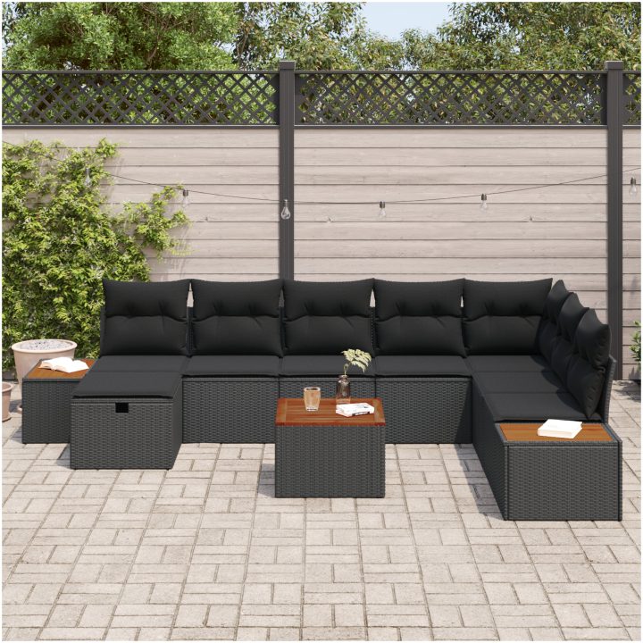 9-delars trädgårdsmöbelset med kuddar i svart poly-rattan vidaXL 55 x 55 x 37 cm – bild 3
