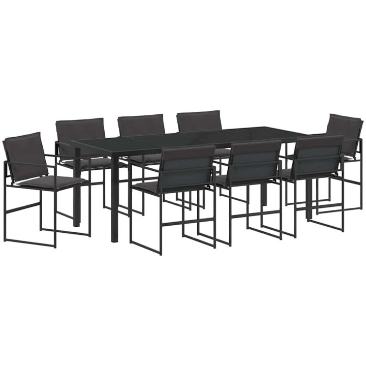 9-delars trädgårdsmöbelset med kuddar i svart textilene och stål vidaXL 200 x 80 x 73 cm – bild 2