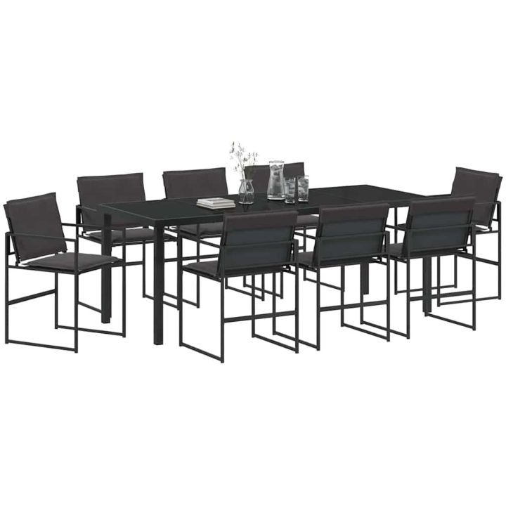 9-delars trädgårdsmöbelset med kuddar i svart textilene och stål vidaXL 200 x 80 x 73 cm – bild 3