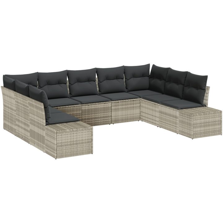 9-delars trädgårdsmöbelset med kuddar - Ljusgrå polyrotting vidaXL 289 x 209 x 69 cm – bild 2