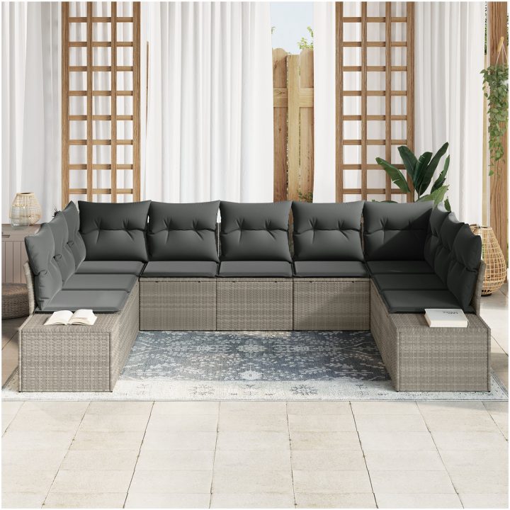 9-delars trädgårdsmöbelset med kuddar - Ljusgrå polyrotting vidaXL 289 x 209 x 69 cm – bild 3