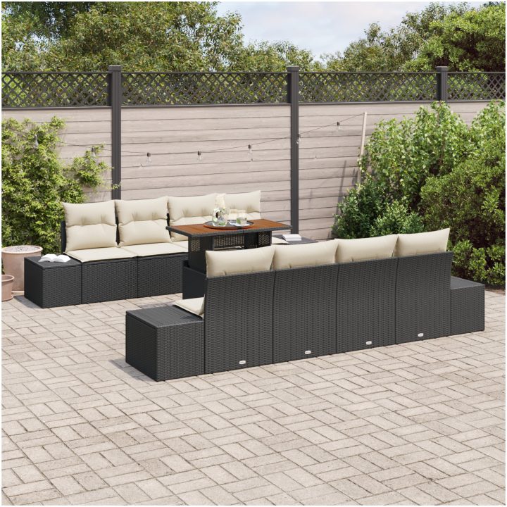 9-delars trädgårdsmöbelset med kuddar - svart poly rattan och akacia vidaXL 100 x 55 x 73 cm – bild 3