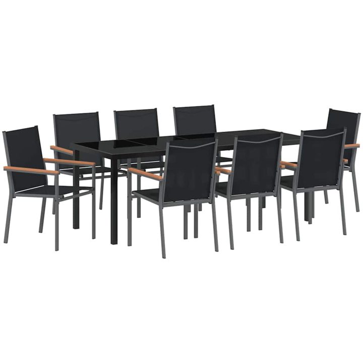 9-delars trädgårdsmöbelset Svart Textilene och Stål vidaXL 55x200x61.5 - 90 cm – bild 2