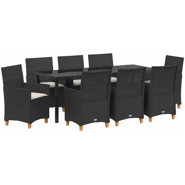 9-delars trädgårdsmöblemang set med kuddar, svart poly rattan vidaXL 200 x 80 x 73 cm – bild 2