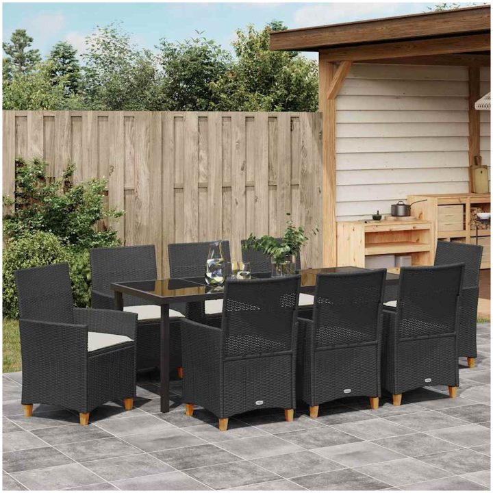 9-delars trädgårdsmöblemang set med kuddar, svart poly rattan vidaXL 200 x 80 x 73 cm – bild 4