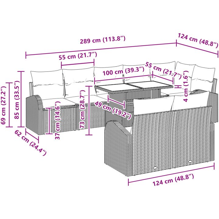 9-delars trädgårdsmöbler med kuddar, grå poly rattan vidaXL 100 x 55 x 73 cm – bild 11