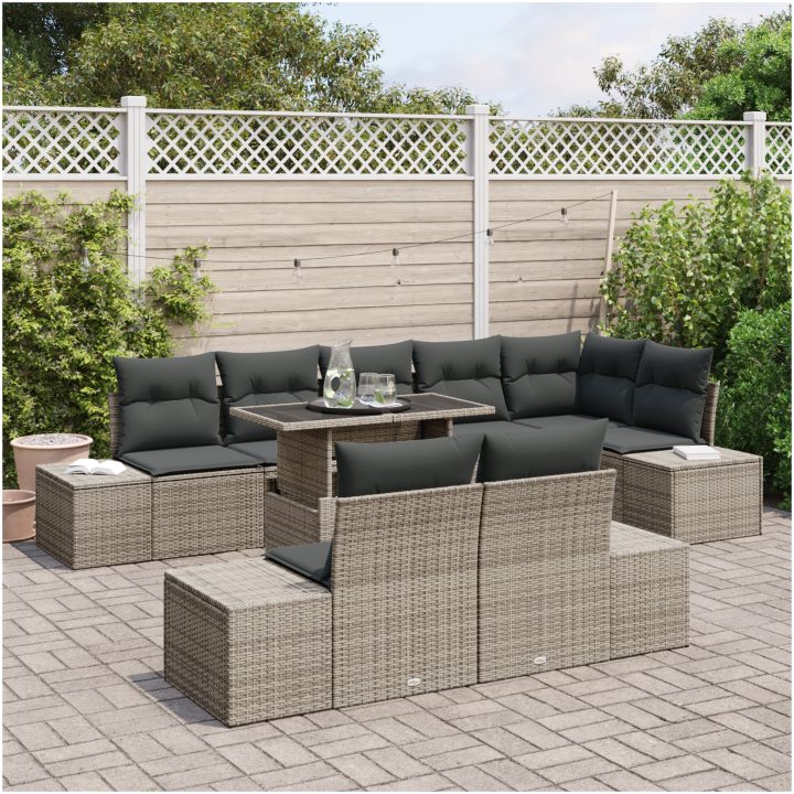 9-delars trädgårdsmöbler med kuddar i grå poly-rattan vidaXL 100 x 55 x 73 cm – bild 3