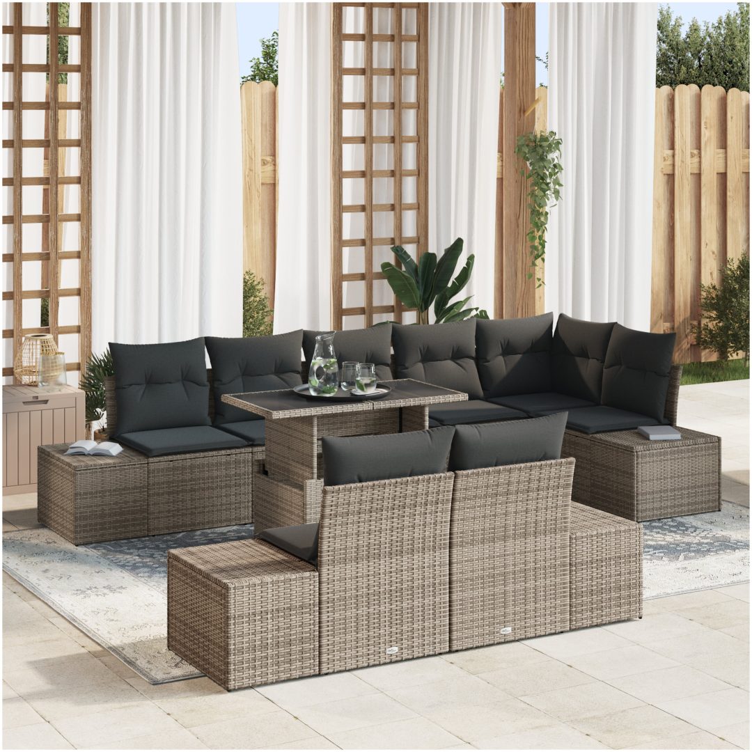 9-delars trädgårdsmöbler med kuddar i grå poly-rattan vidaXL 100 x 55 x 73 cm