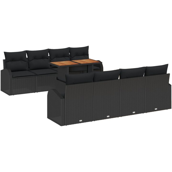 9-delars trädgårdsnattset med kuddar Svart Poly Rattan Akacia vidaXL 100 x 55 x 73 cm – bild 2