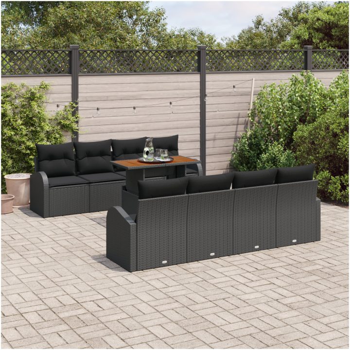 9-delars trädgårdsnattset med kuddar Svart Poly Rattan Akacia vidaXL 100 x 55 x 73 cm – bild 3