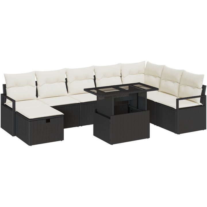 9-delars trädgårdsofa-set med dynor svart poly rotting vidaXL Stor – bild 2