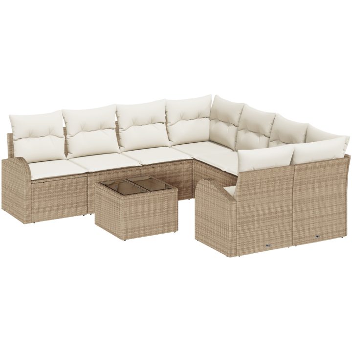 9-delars trädgårdsofa set med kuddar Beige poly rattan vidaXL Stor – bild 2