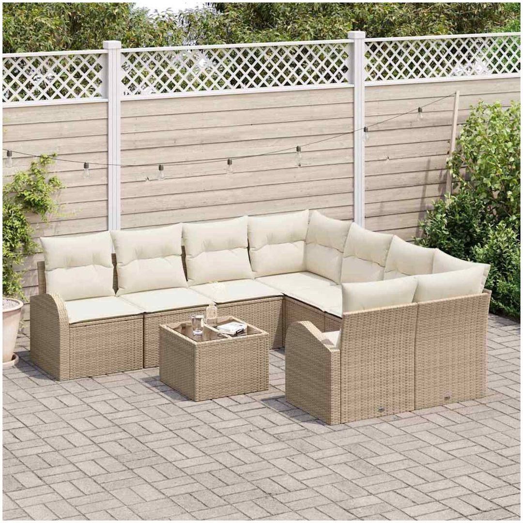 9-delars trädgårdsofa set med kuddar Beige poly rattan vidaXL Stor – bild 3
