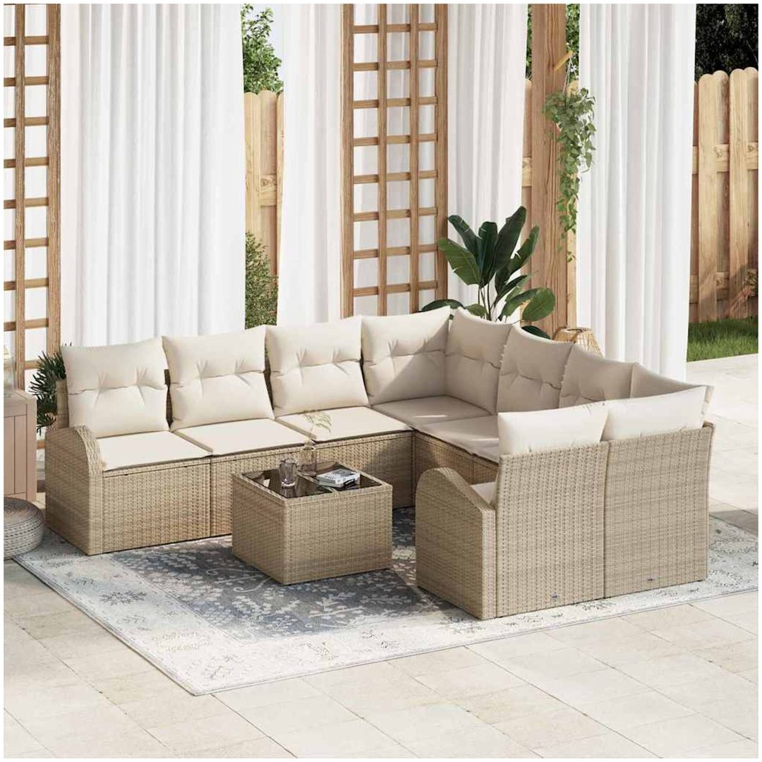 9-delars trädgårdsofa set med kuddar Beige poly rattan vidaXL Stor