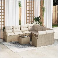 9-delars trädgårdsofa set med kuddar Beige poly rattan vidaXL