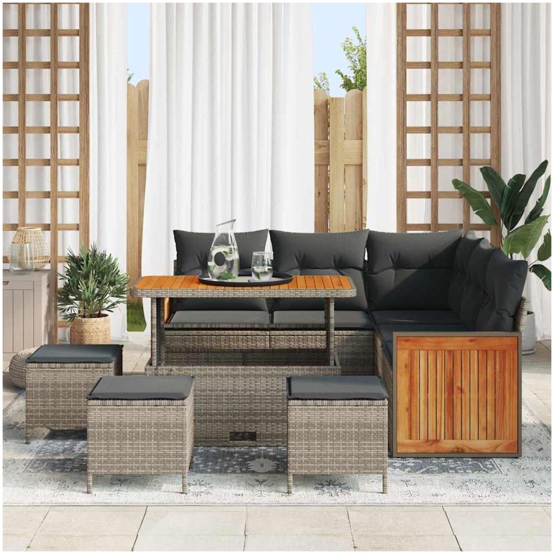 9-delars trädgårdsofa-set med kuddar Grå Poly Rattan Akacia vidaXL Stor – bild 3