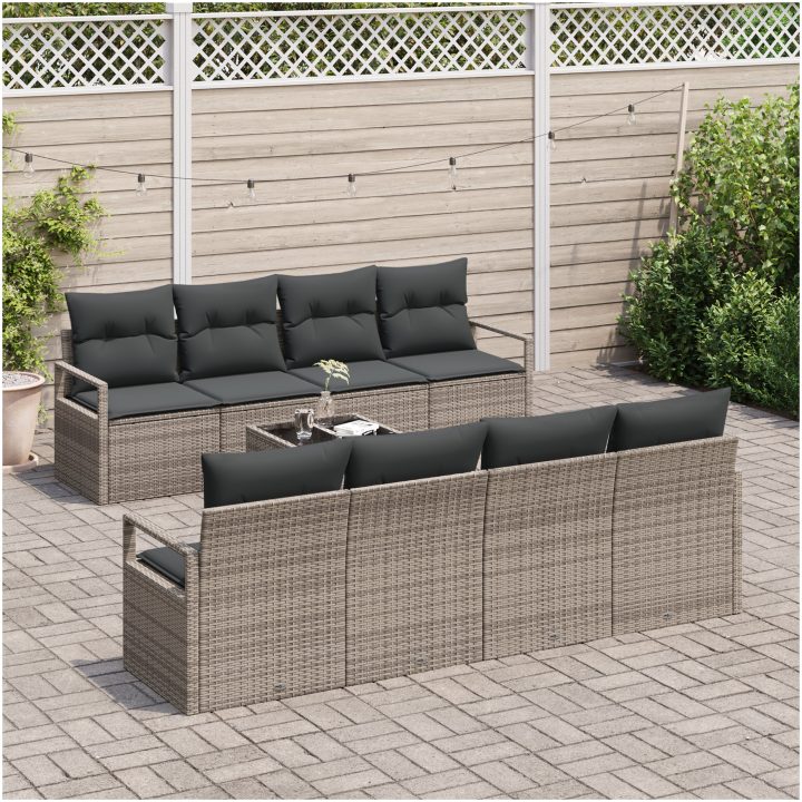 9 Delars Trädgårdsofa Set med Kuddar Grå Poly Rattan vidaXL Stor – bild 3