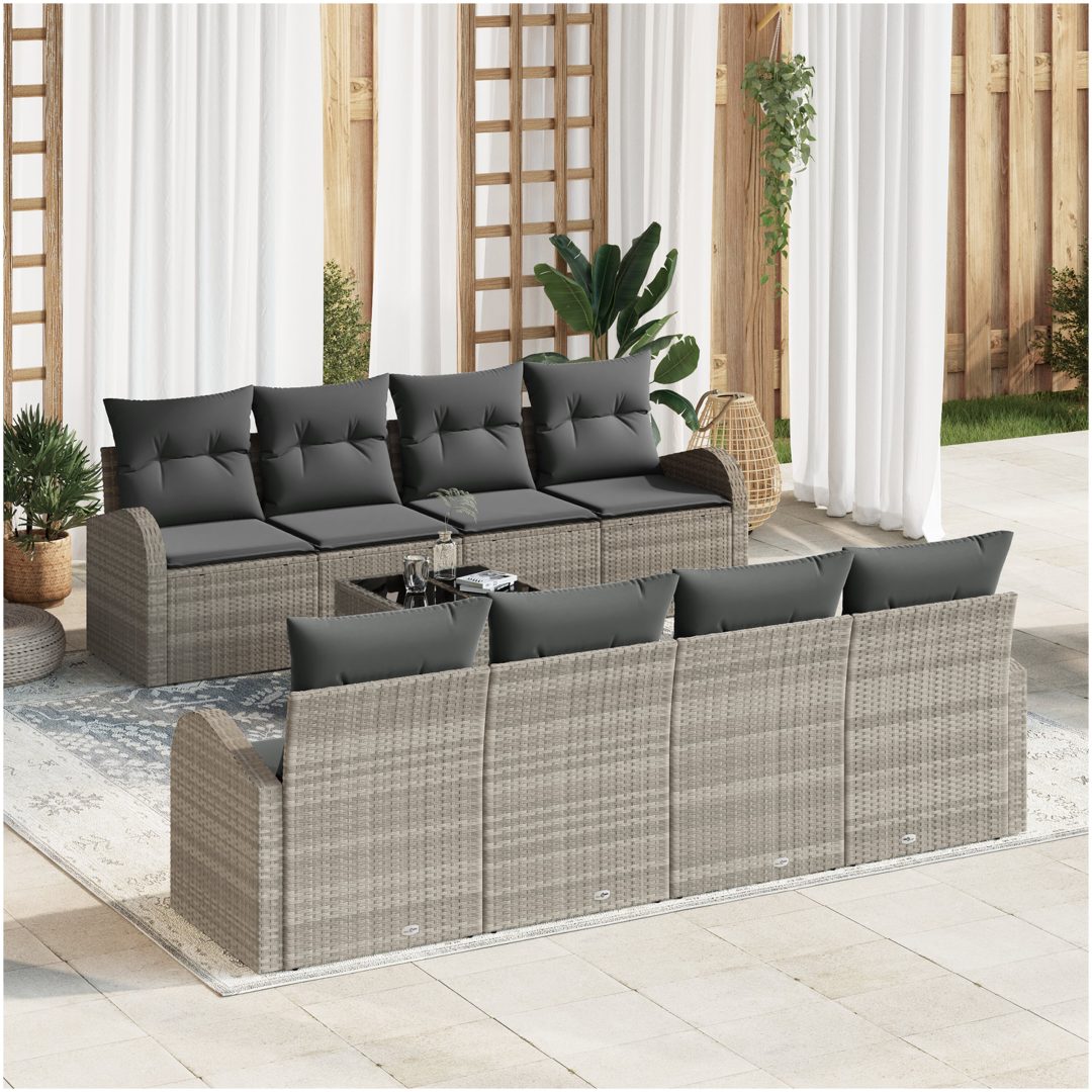 9-delars Trädgårdsofa set med kuddar Ljusgrå Poly Rattan vidaXL 55 x 55 x 37 cm
