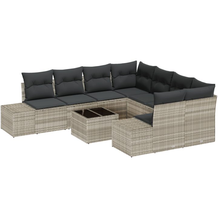 9-delars trädgårdsofa set med kuddar Ljusgrå Polyrotting vidaXL 55 x 55 x 37 cm – bild 2