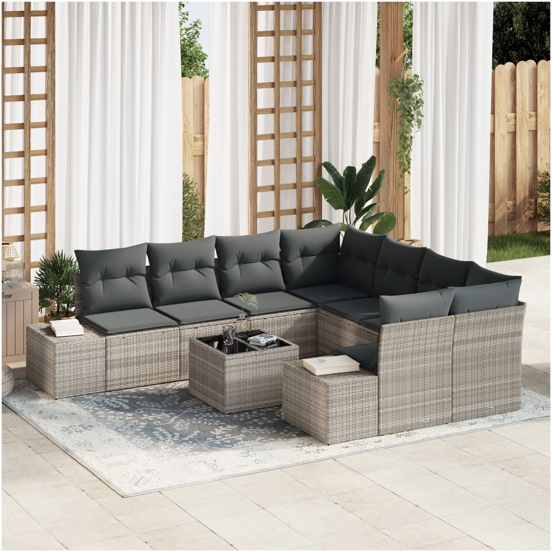 9-delars trädgårdsofa set med kuddar Ljusgrå Polyrotting vidaXL 55 x 55 x 37 cm
