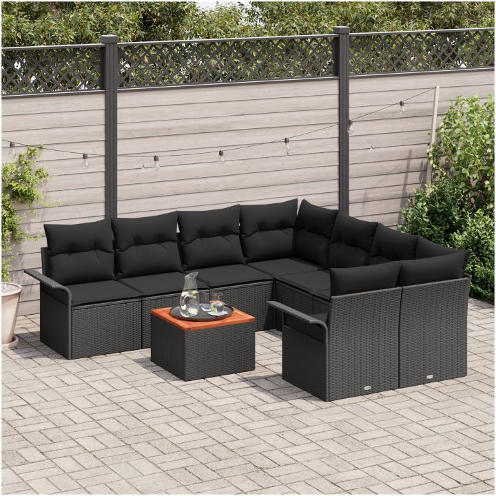 9-delars trädgårdsofa set med kuddar svart poly rattan akacia vidaXL Stor – bild 3