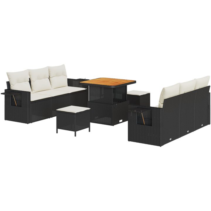 9 Delars Trädgårdsofa Set med Kuddar Svart Poly Rattan Akacia vidaXL Stor – bild 2