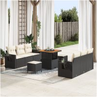 9 Delars Trädgårdsofa Set med Kuddar Svart Poly Rattan Akacia vidaXL