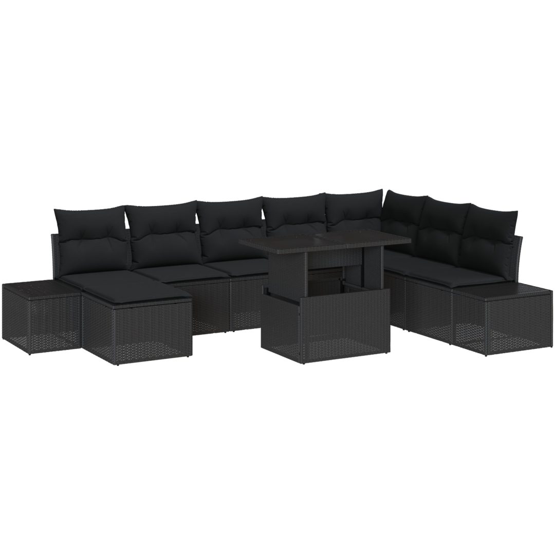 9-delars trädgårdsoffセット med kuddar i svart polyrattan vidaXL 100 x 55 x 73 cm – bild 2