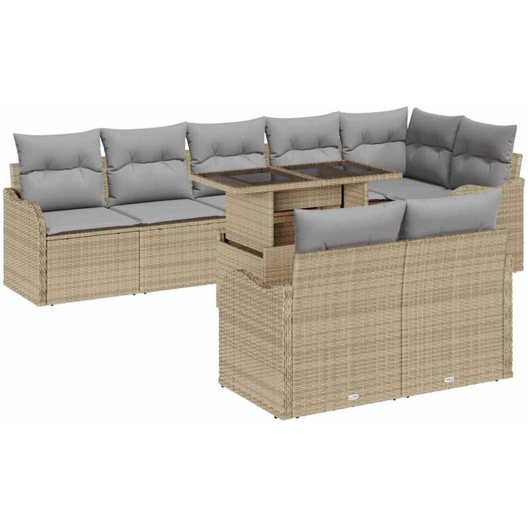 9-delars trädgårdsoff-set med dynor Beige Poly Rattan vidaXL Stor
