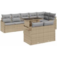 9-delars trädgårdsoff-set med dynor Beige Poly Rattan vidaXL