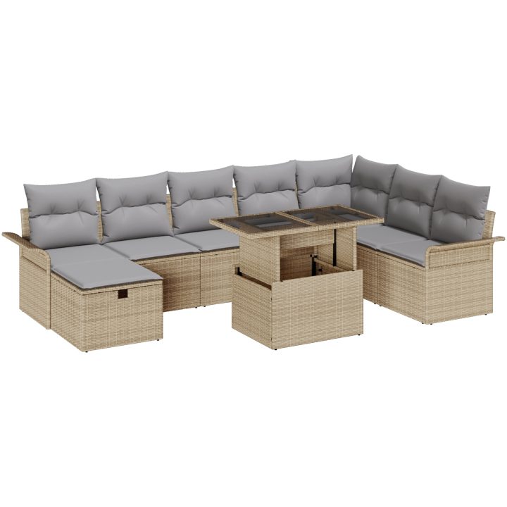 9-delars trädgårdsoff-set med dynor Beige Polyrotting vidaXL 100 x 55 x 73 cm – bild 2