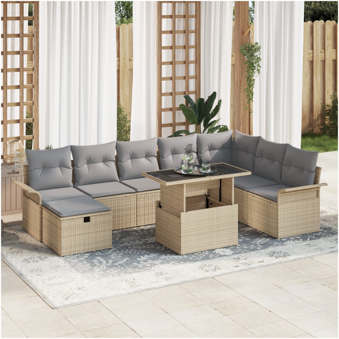 9-delars trädgårdsoff-set med dynor Beige Polyrotting vidaXL 100 x 55 x 73 cm
