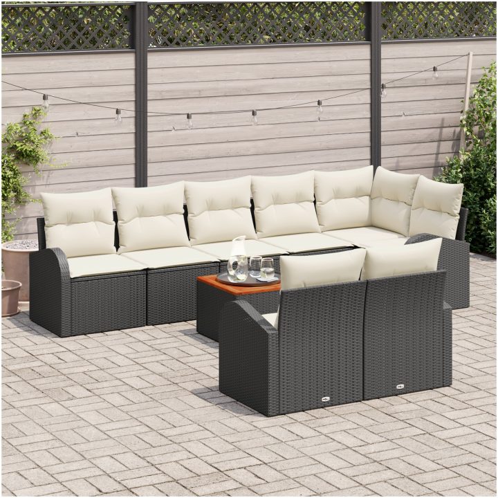 9-delars trädgårdsoff set med dynor svart poly rattan akacia vidaXL 55 x 55 x 37 cm – bild 3