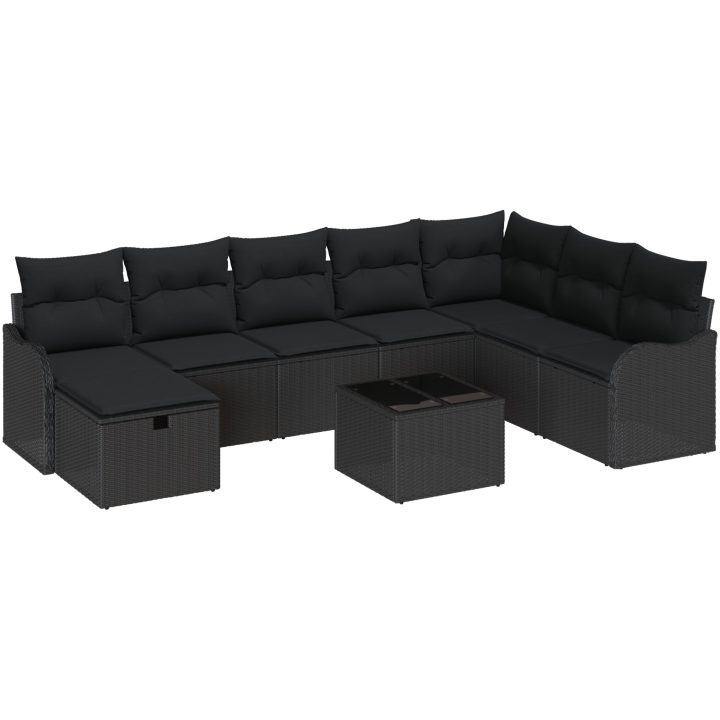 9-delars trädgårdsoff set med dynor svart poly rotting vidaXL Stor – bild 2