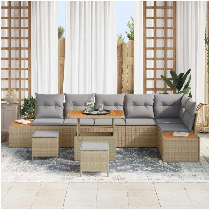 9 Delars Trädgårdsoff Set med Kuddar Beige Poly Rattan Akacia vidaXL Stor – bild 3