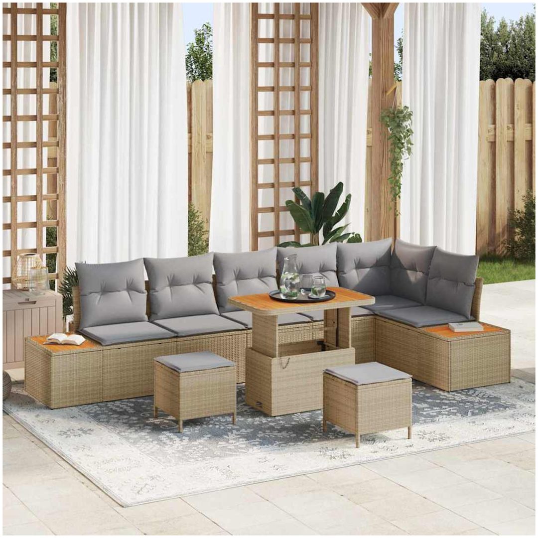 9 Delars Trädgårdsoff Set med Kuddar Beige Poly Rattan Akacia vidaXL Stor