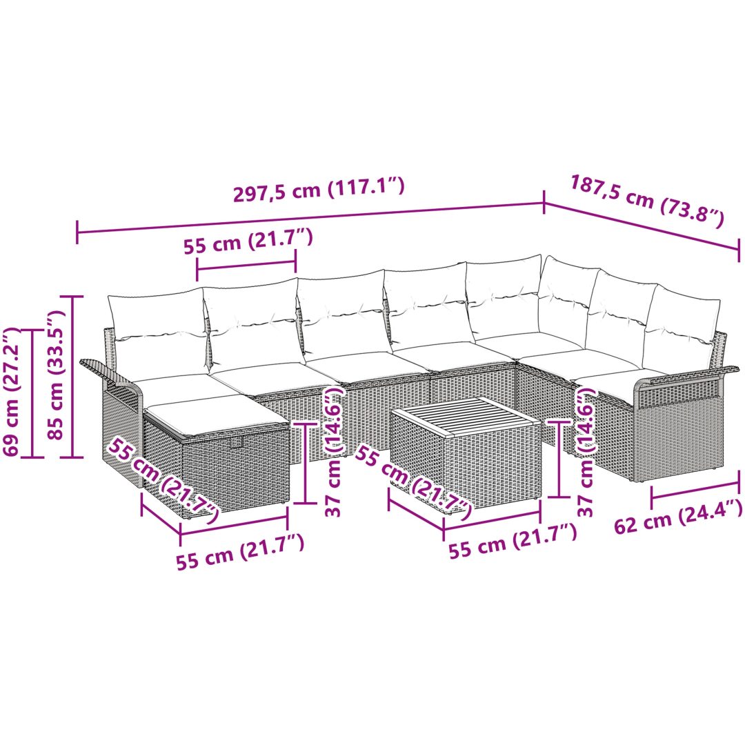 9-delars trädgårdsoff set med kuddar beige poly rattan vidaXL 55 x 55 x 37 cm – bild 11