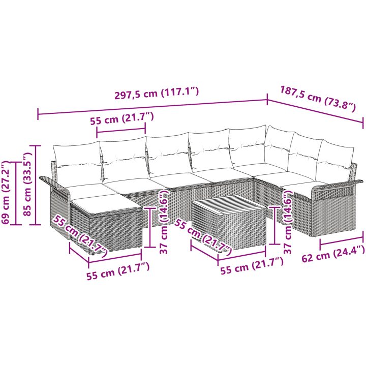 9-delars trädgårdsoff set med kuddar beige poly rattan vidaXL 55 x 55 x 37 cm – bild 11