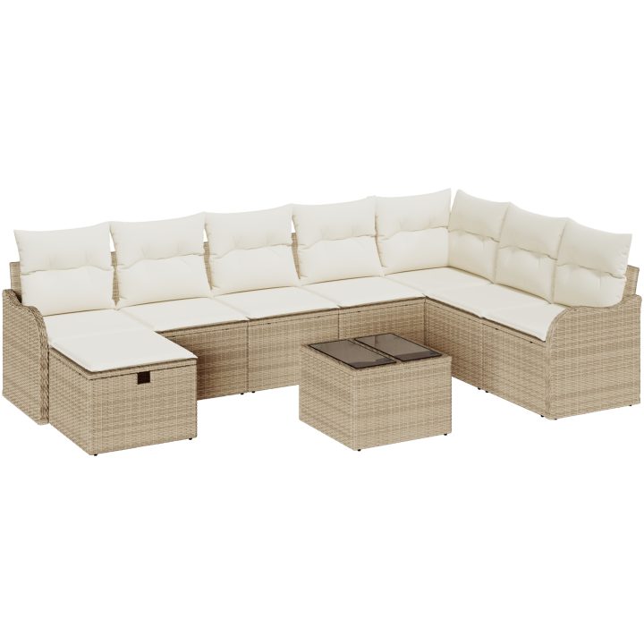 9-delars trädgårdsoff-set med kuddar beige poly rattan vidaXL Stor – bild 2