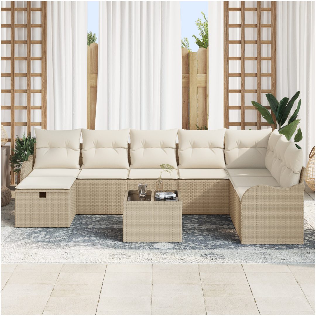 9-delars trädgårdsoff-set med kuddar beige poly rattan vidaXL Stor – bild 3
