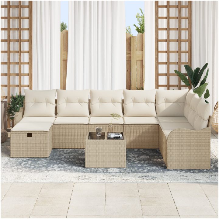 9-delars trädgårdsoff-set med kuddar beige poly rattan vidaXL Stor – bild 3