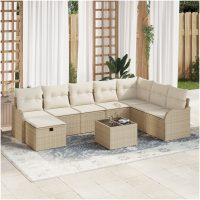 9-delars trädgårdsoff-set med kuddar beige poly rattan vidaXL